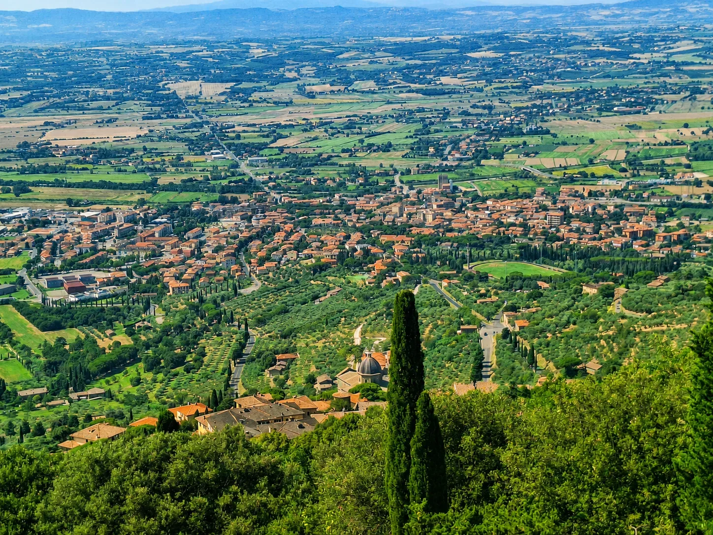 Vista panoramica da Cortona: la Val di Chiana coltivata a vigneti e oliveti digrada fino al lago Trasimeno sullo sfondo