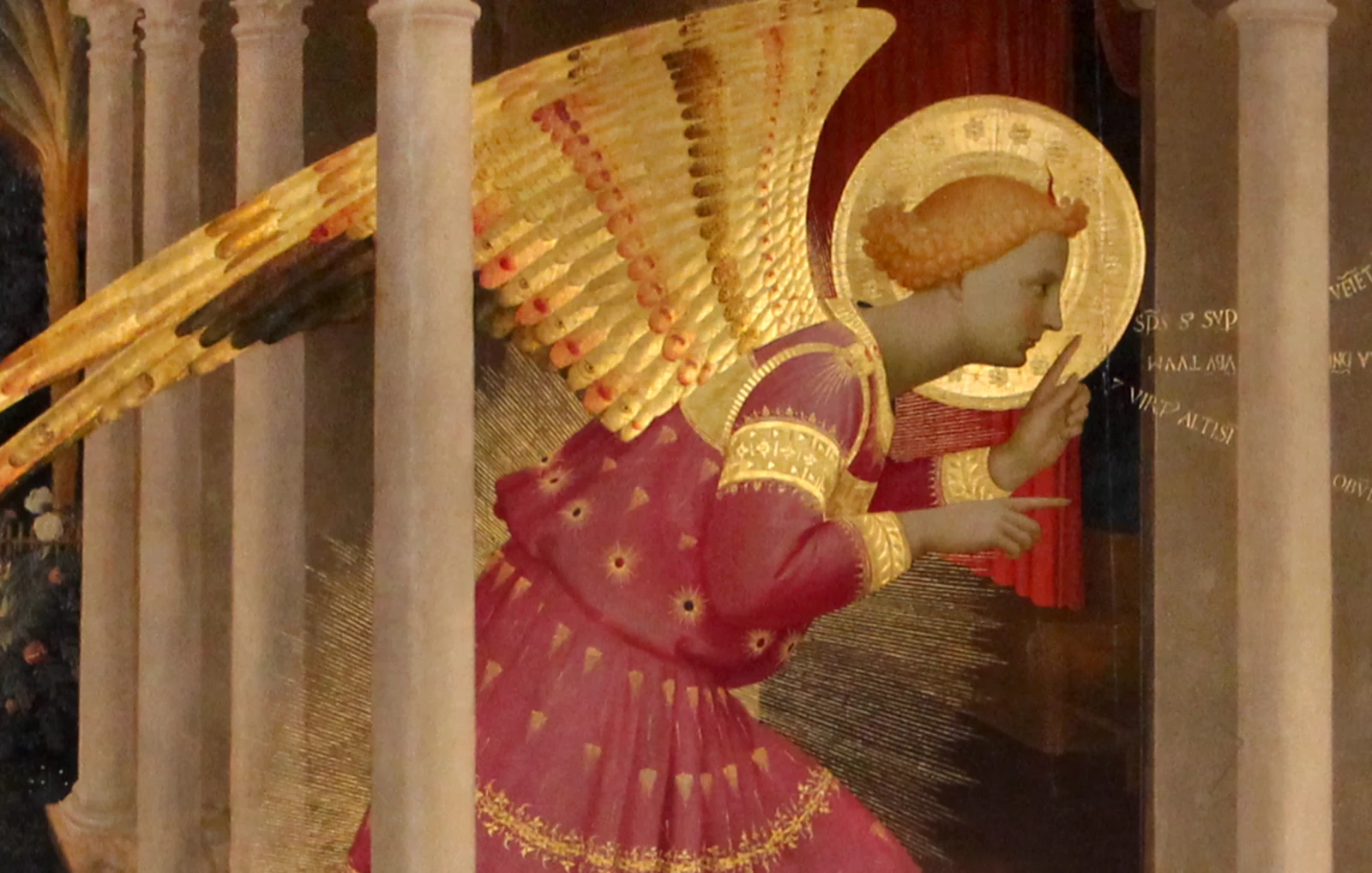 Dettaglio dell'Annunciazione del Beato Angelico, foglia d'oro e azzurro lapislazzuli