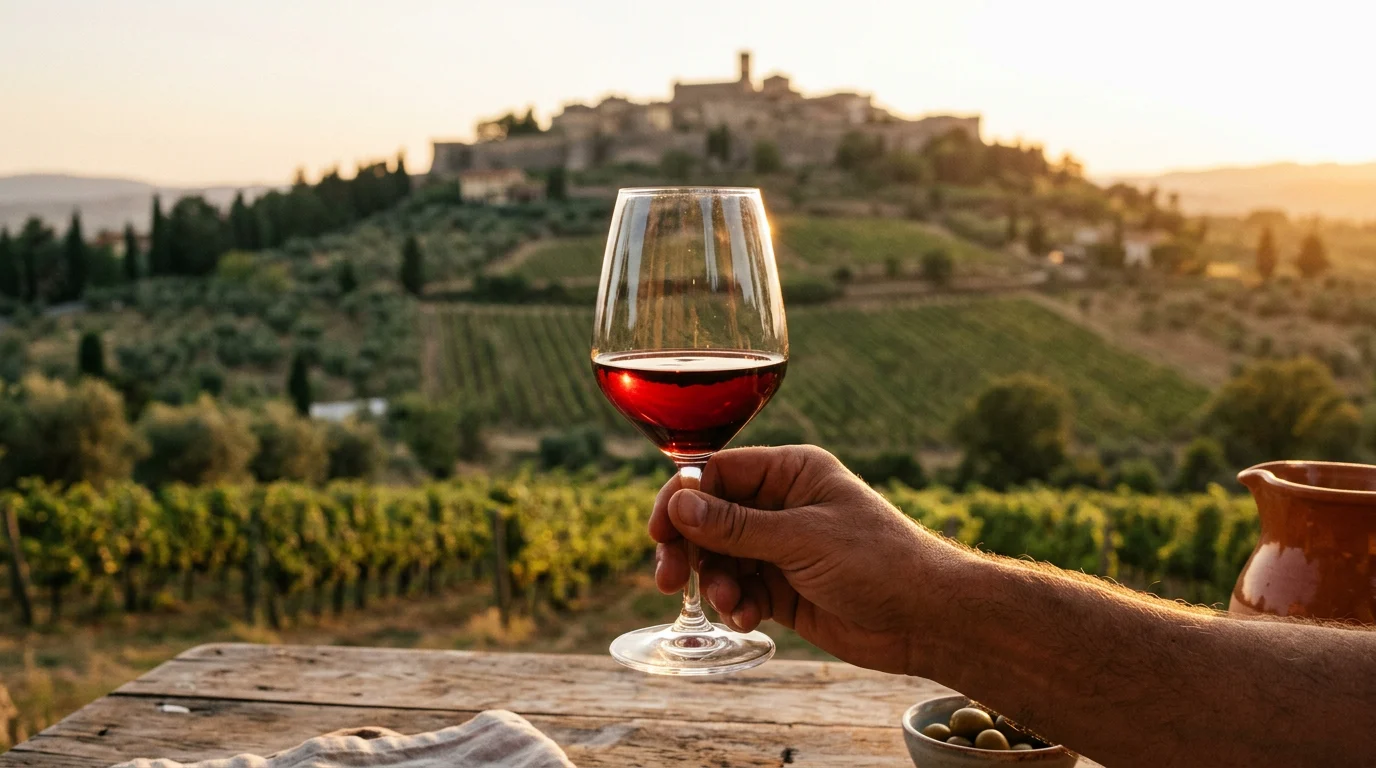 Un calice di Syrah di Cortona davanti a una vigna al tramonto