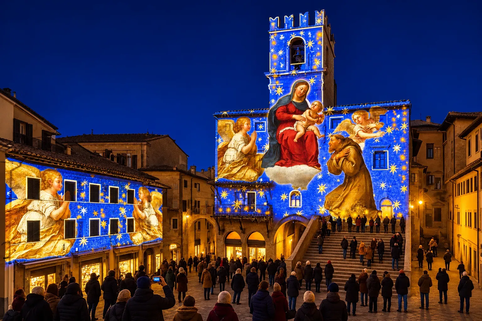 Piazza della Repubblica a Cortona di sera, con il Palazzo Comunale e le luminarie natalizie accese